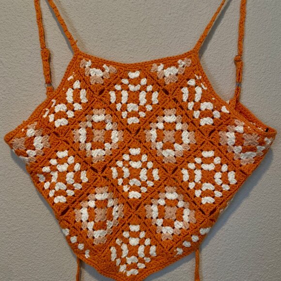 Tangerine Orange Crochet Granny Square Halter Top‎ Size Large - Picture 3 of 4